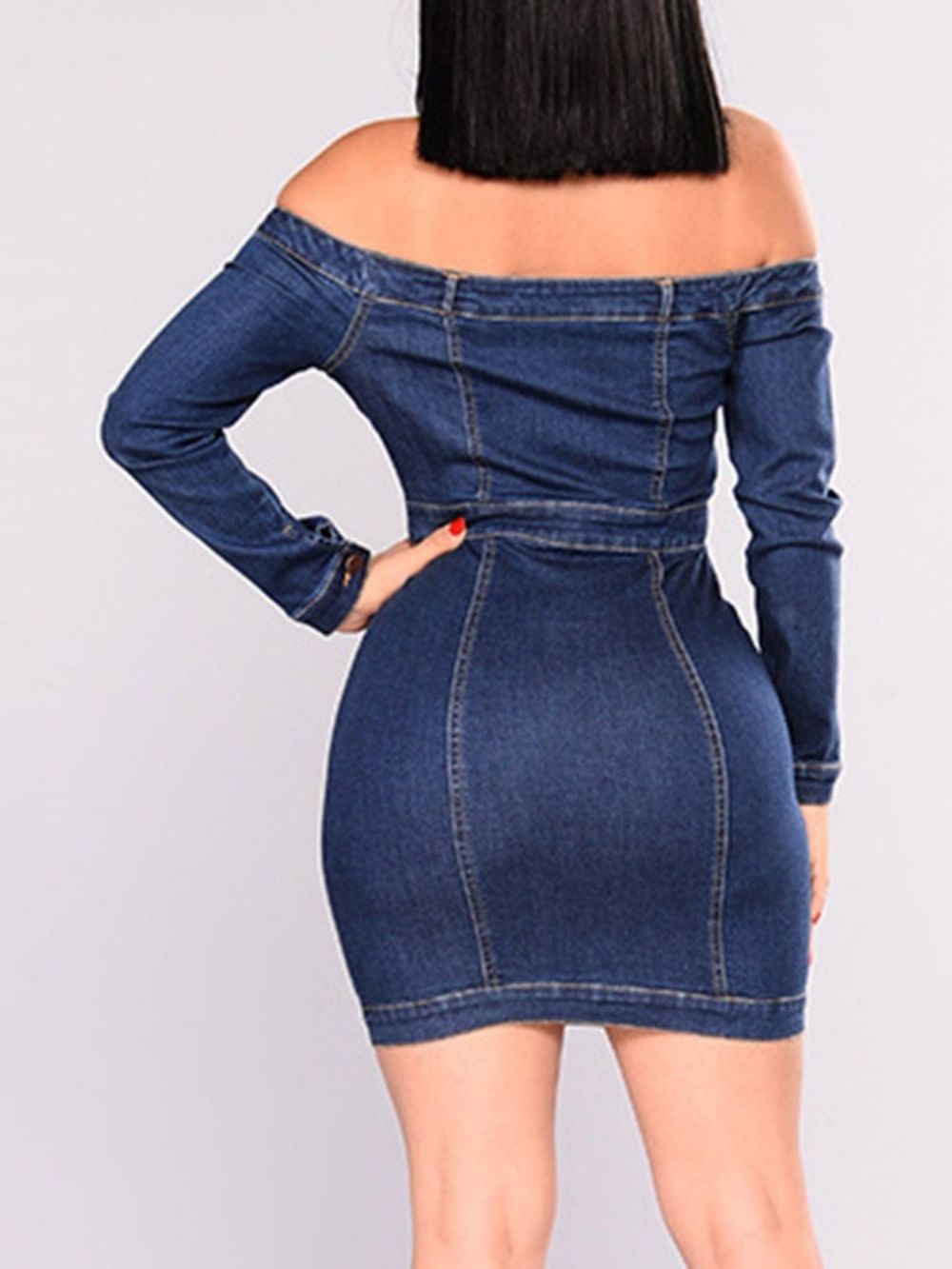 Off-Shoulder Lange Mouw Knoop Normale Effen Bodycon Jurk Plus Maat