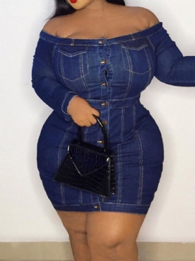 Off-Shoulder Lange Mouw Knoop Normale Effen Bodycon Jurk Plus Maat