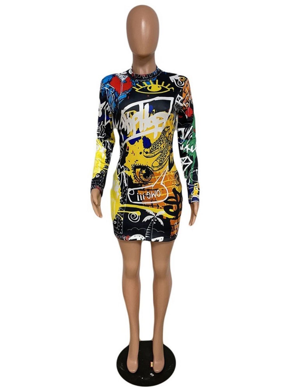 Print Opstaande Kraag Lange Mouw Herfst Normale Bodycon-Jurk