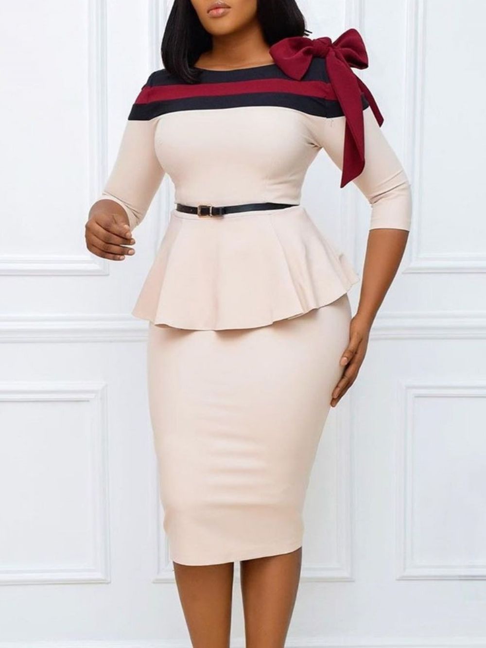 Strik Ronde Hals Driekwart Mouw Bodycon Jurk Met Hoge Taille