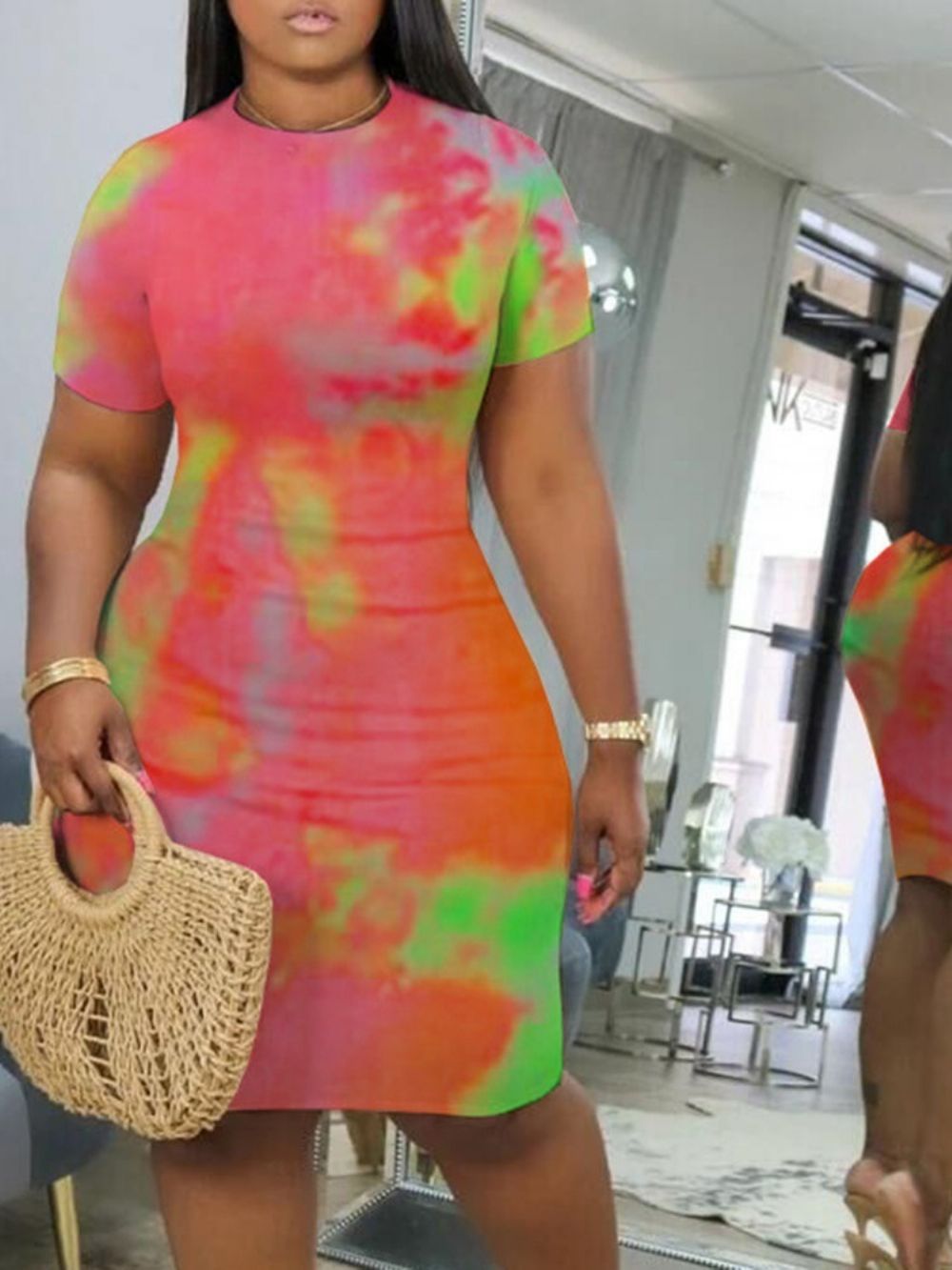 Tie-Dye Knielange Bodycon-Jurk Met Korte Mouwen En Halfhoge Taille