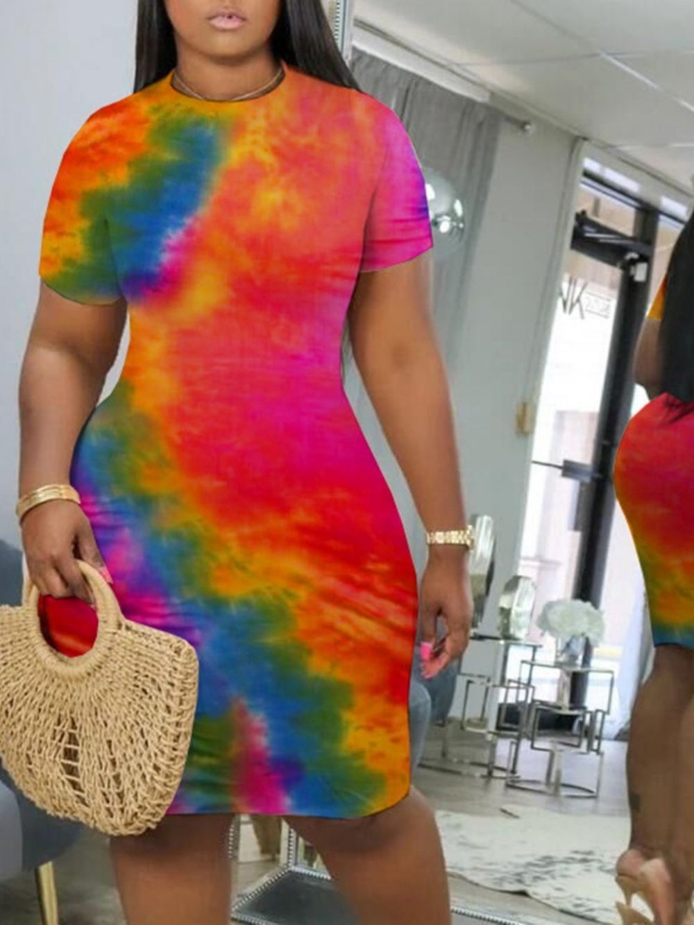 Tie-Dye Knielange Bodycon-Jurk Met Korte Mouwen En Halfhoge Taille