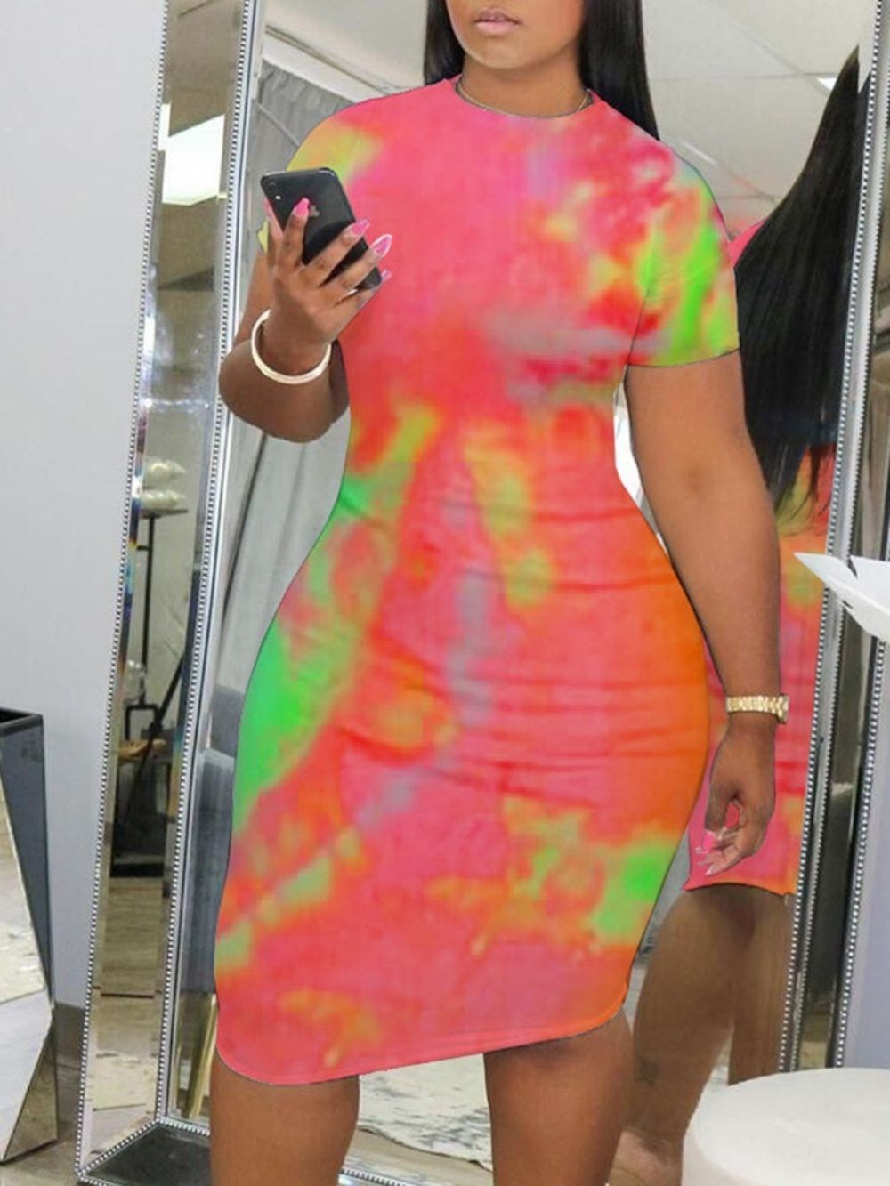 Tie-Dye Knielange Bodycon-Jurk Met Korte Mouwen En Halfhoge Taille