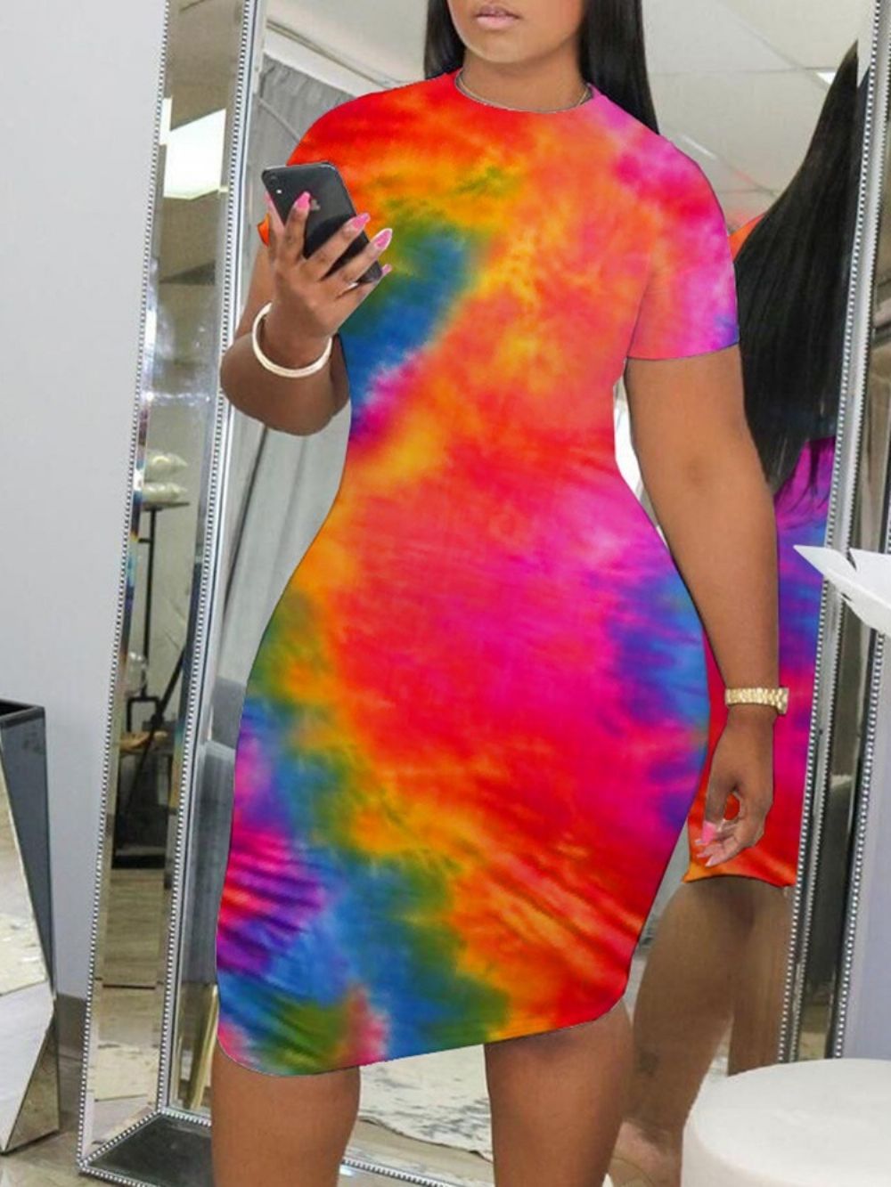 Tie-Dye Knielange Bodycon-Jurk Met Korte Mouwen En Halfhoge Taille