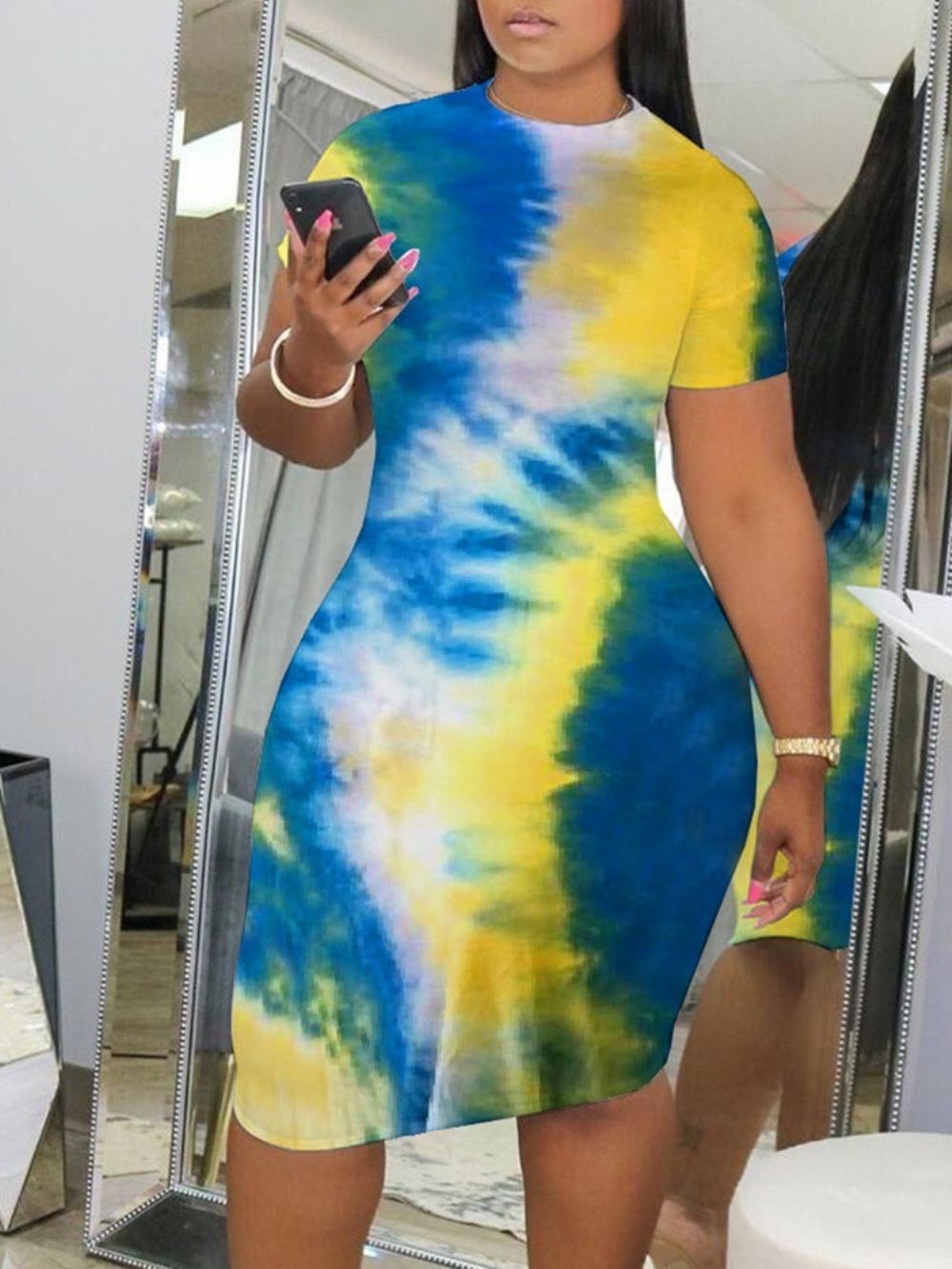 Tie-Dye Knielange Bodycon-Jurk Met Korte Mouwen En Halfhoge Taille