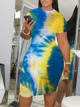 Tie-Dye Knielange Bodycon-Jurk Met Korte Mouwen En Halfhoge Taille