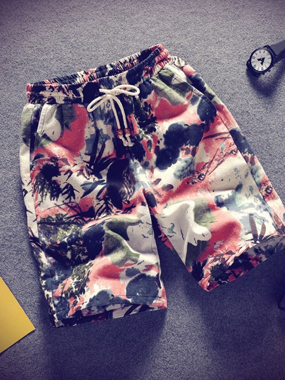 Casual Herenshorts Met Rechte Veters En Halfhoge Taille Met Kleurvlakken