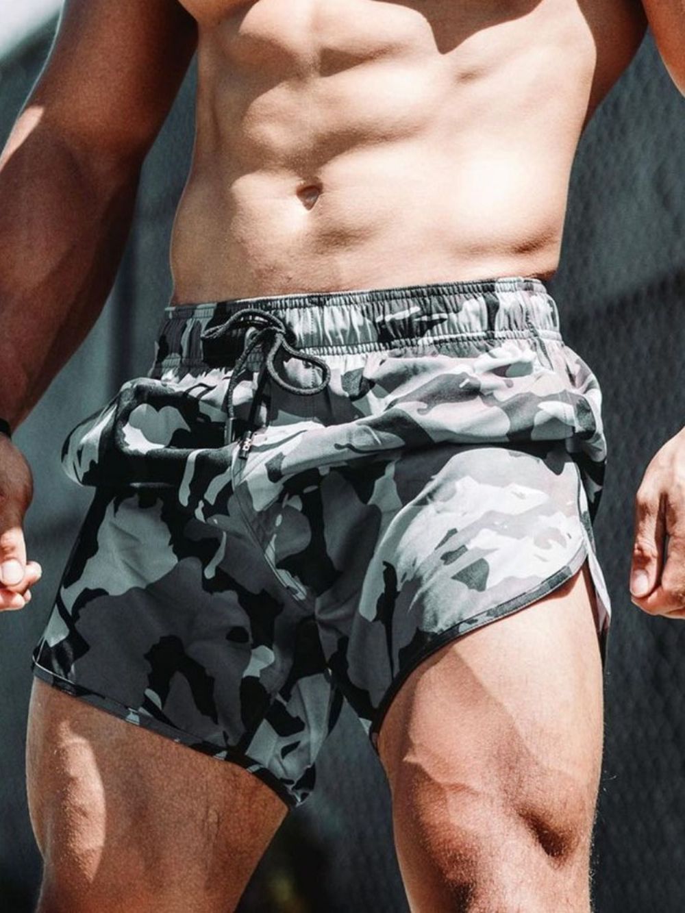 Slanke Casual Herenshort Met Veters En Camouflageprint