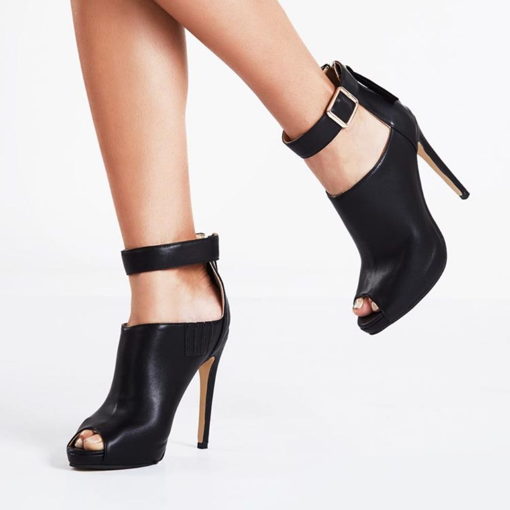 Zwarte Enkelband Peep-Toe Laarzen Met Hoge Hak