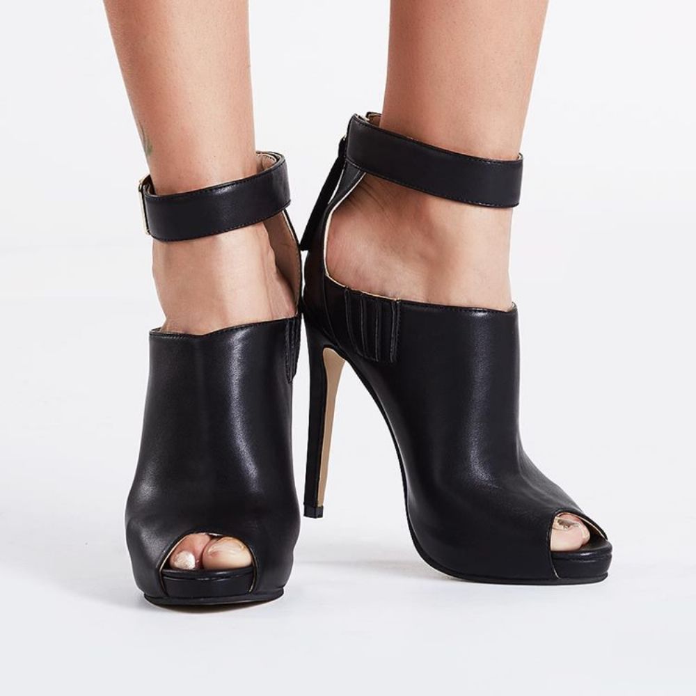 Zwarte Enkelband Peep-Toe Laarzen Met Hoge Hak