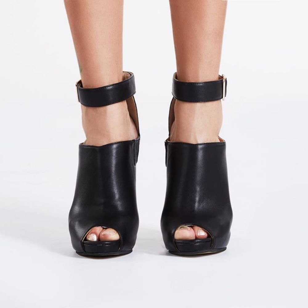 Zwarte Enkelband Peep-Toe Laarzen Met Hoge Hak