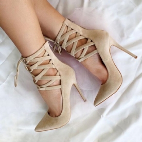 Beige Pumps Met Kruisband En Spitse Neus