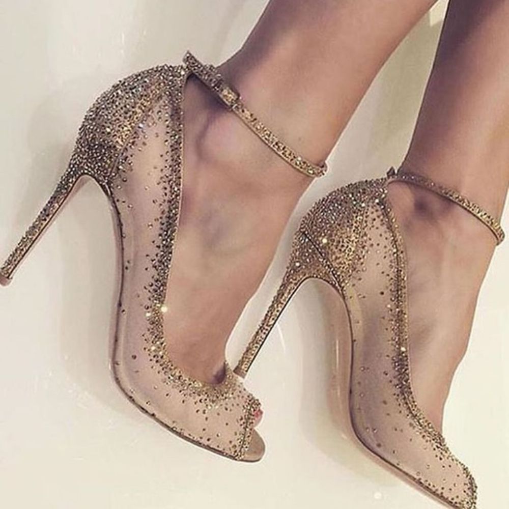 Gouden Strass Peep Toe Stiletto Heel Pumps