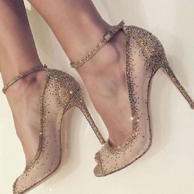 Gouden Strass Peep Toe Stiletto Heel Pumps