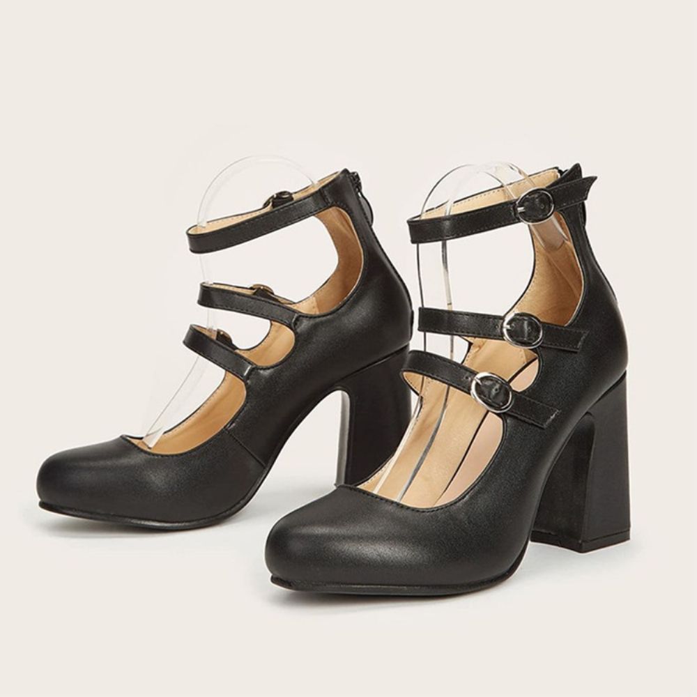 Ronde Teen Chunky Heel Buckle Laag Uitgesneden Bovenste Dunne Schoenen