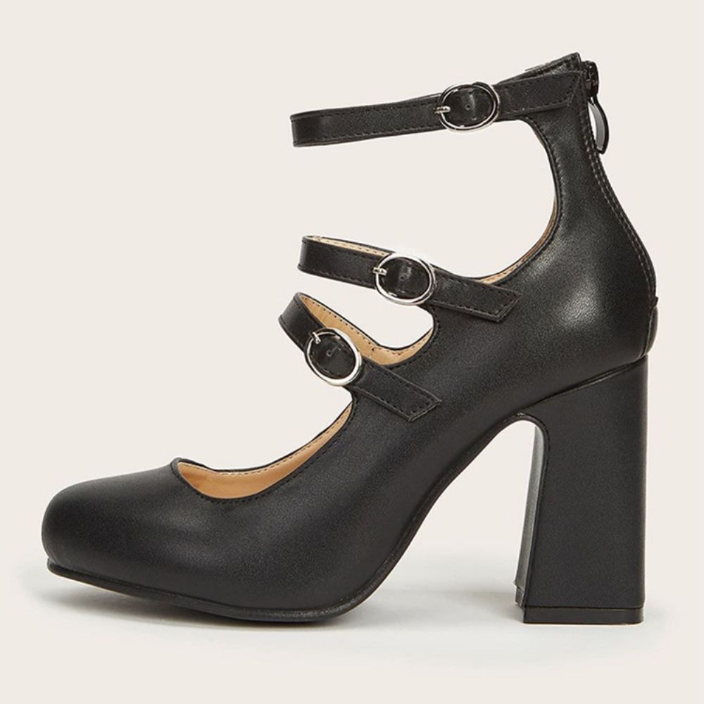 Ronde Teen Chunky Heel Buckle Laag Uitgesneden Bovenste Dunne Schoenen