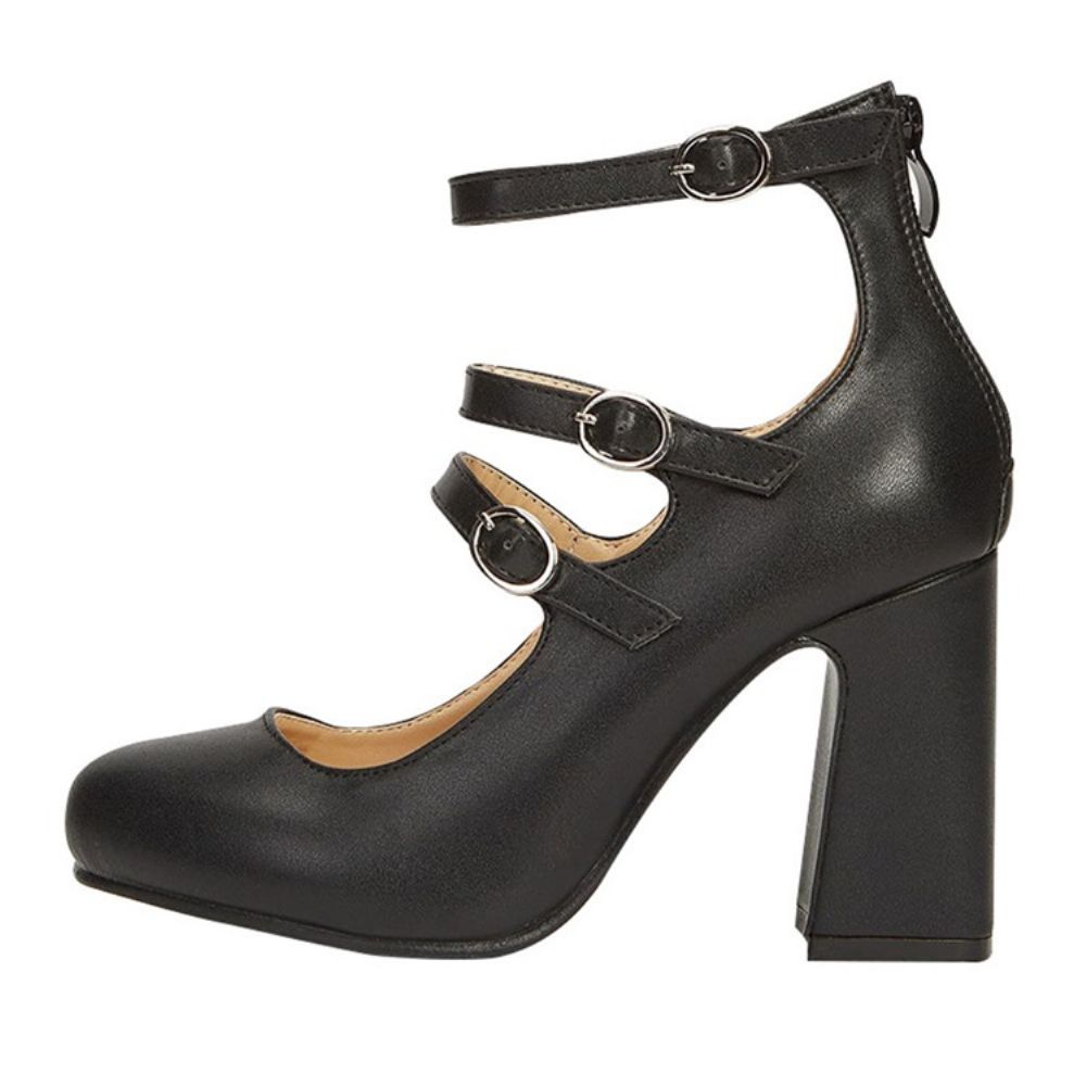 Ronde Teen Chunky Heel Buckle Laag Uitgesneden Bovenste Dunne Schoenen