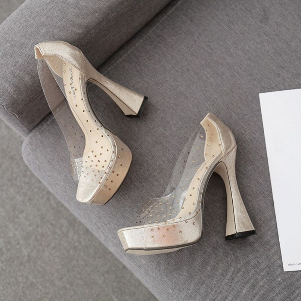 Strass Peep Toe Chunky Heel Casual Pumps