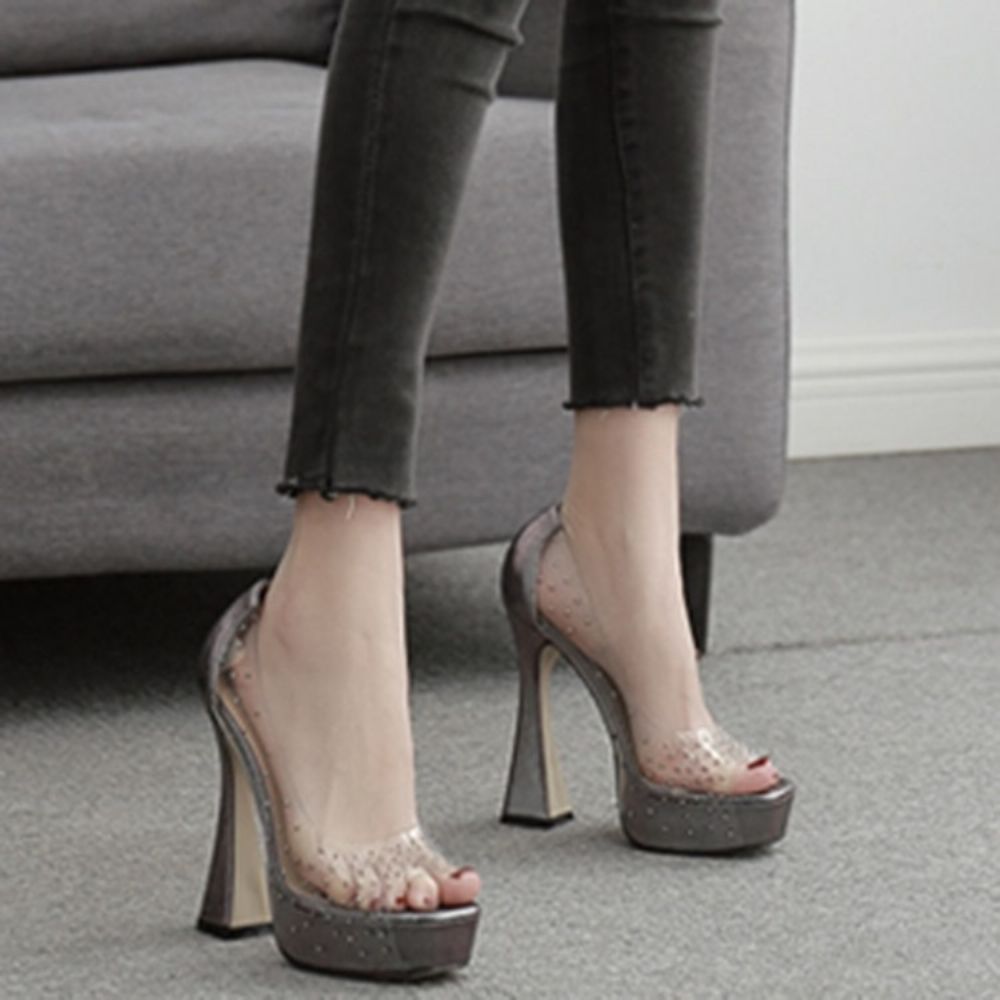 Strass Peep Toe Chunky Heel Casual Pumps