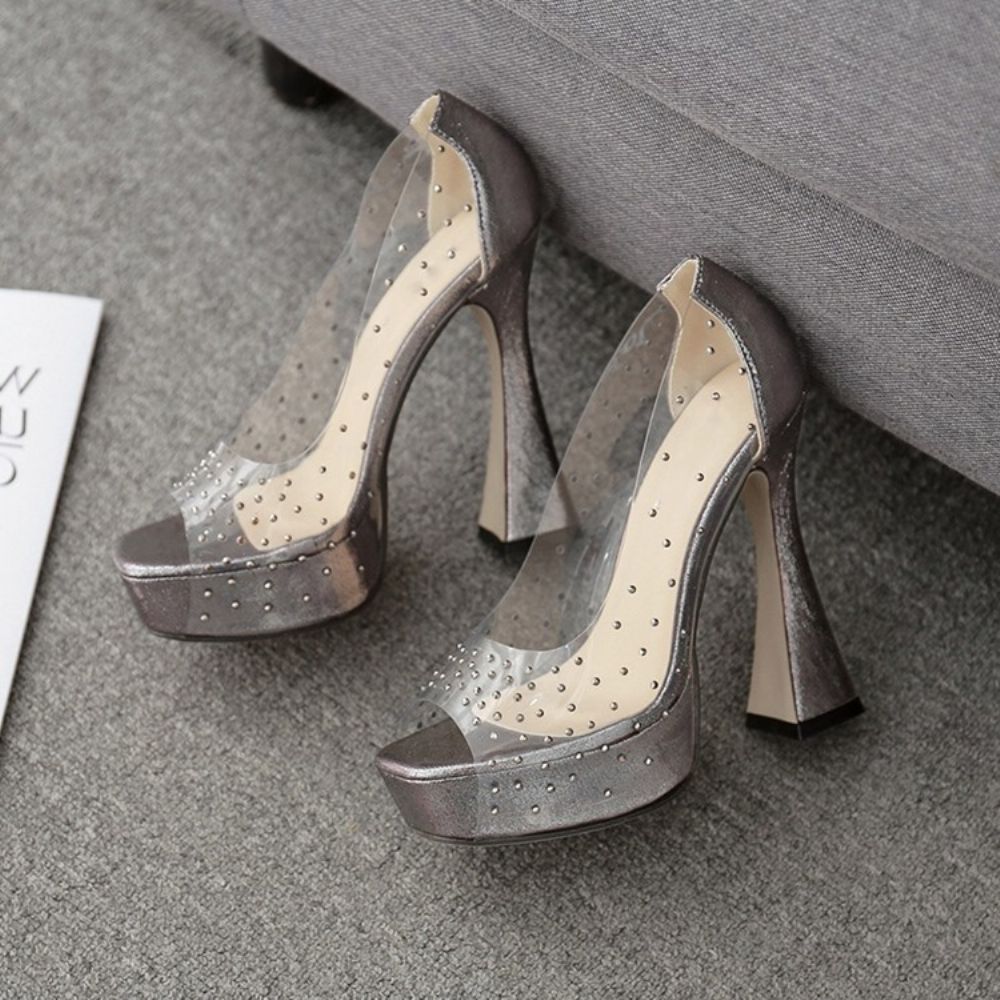 Strass Peep Toe Chunky Heel Casual Pumps