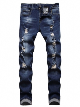 Casual Rechte Versleten Jeans Met Middelhoge Taille Met Rits