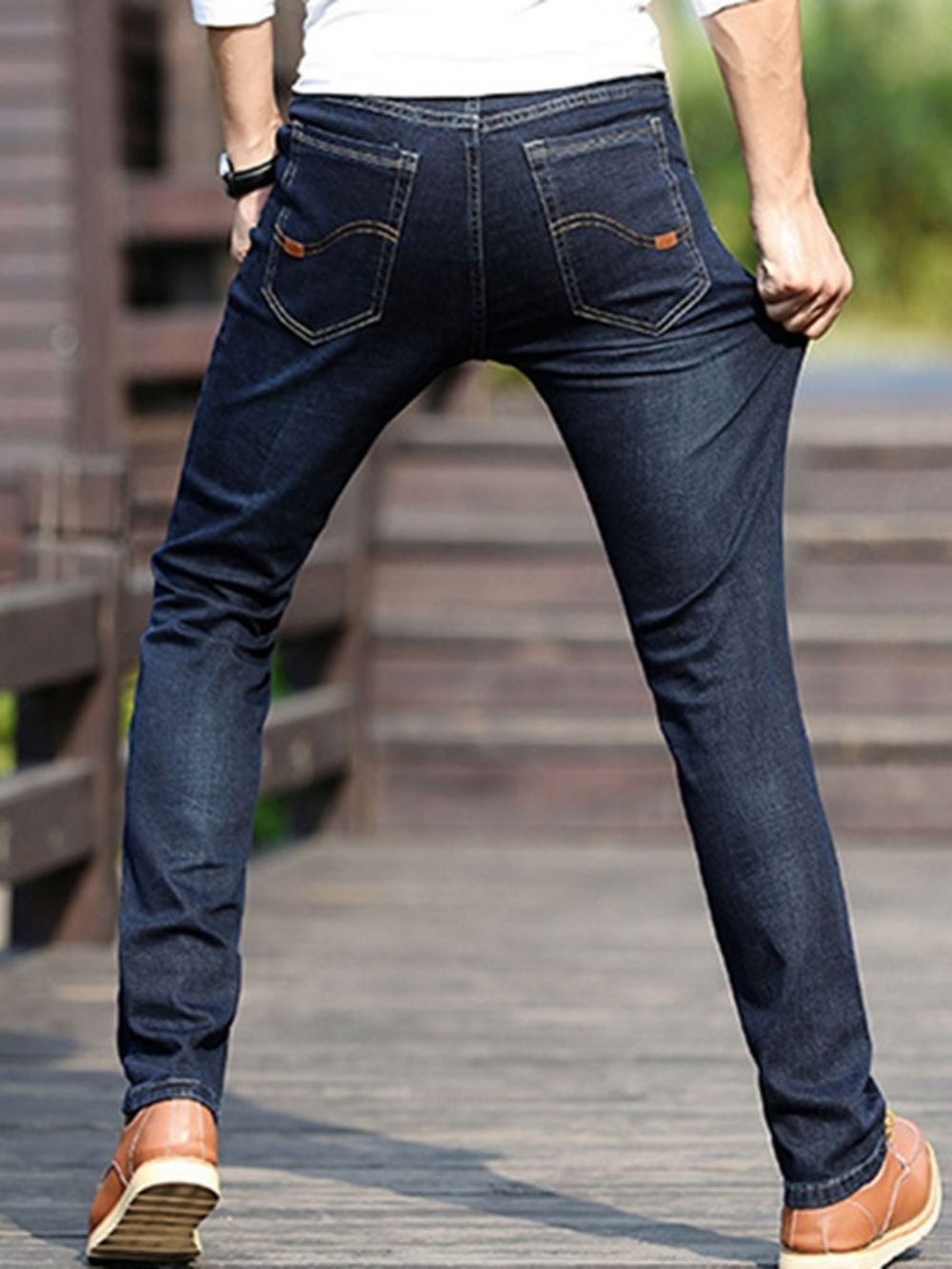 Effen Europese Herenjeans Met Halfhoge Taille