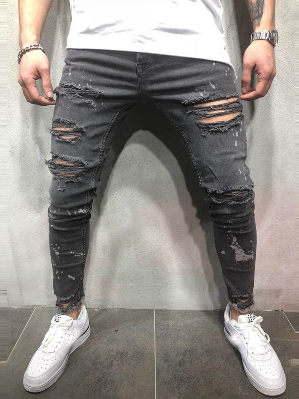 Gescheurde Gescheurde Jeans Heren Met Effen Print