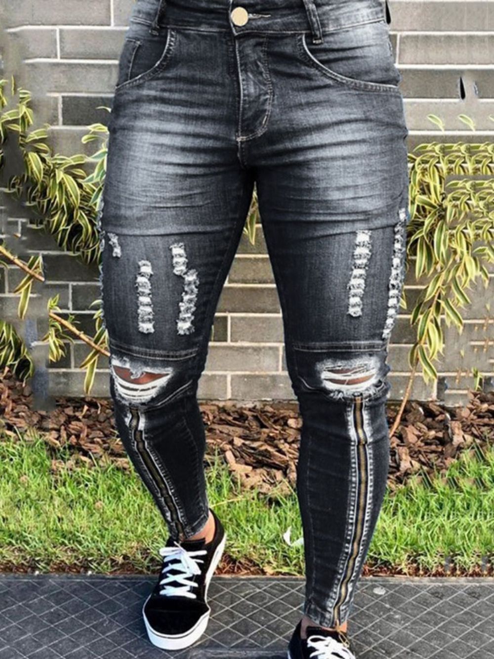 Hole Pencil Pants Effen Jeans Met Halfhoge Taille En Rits