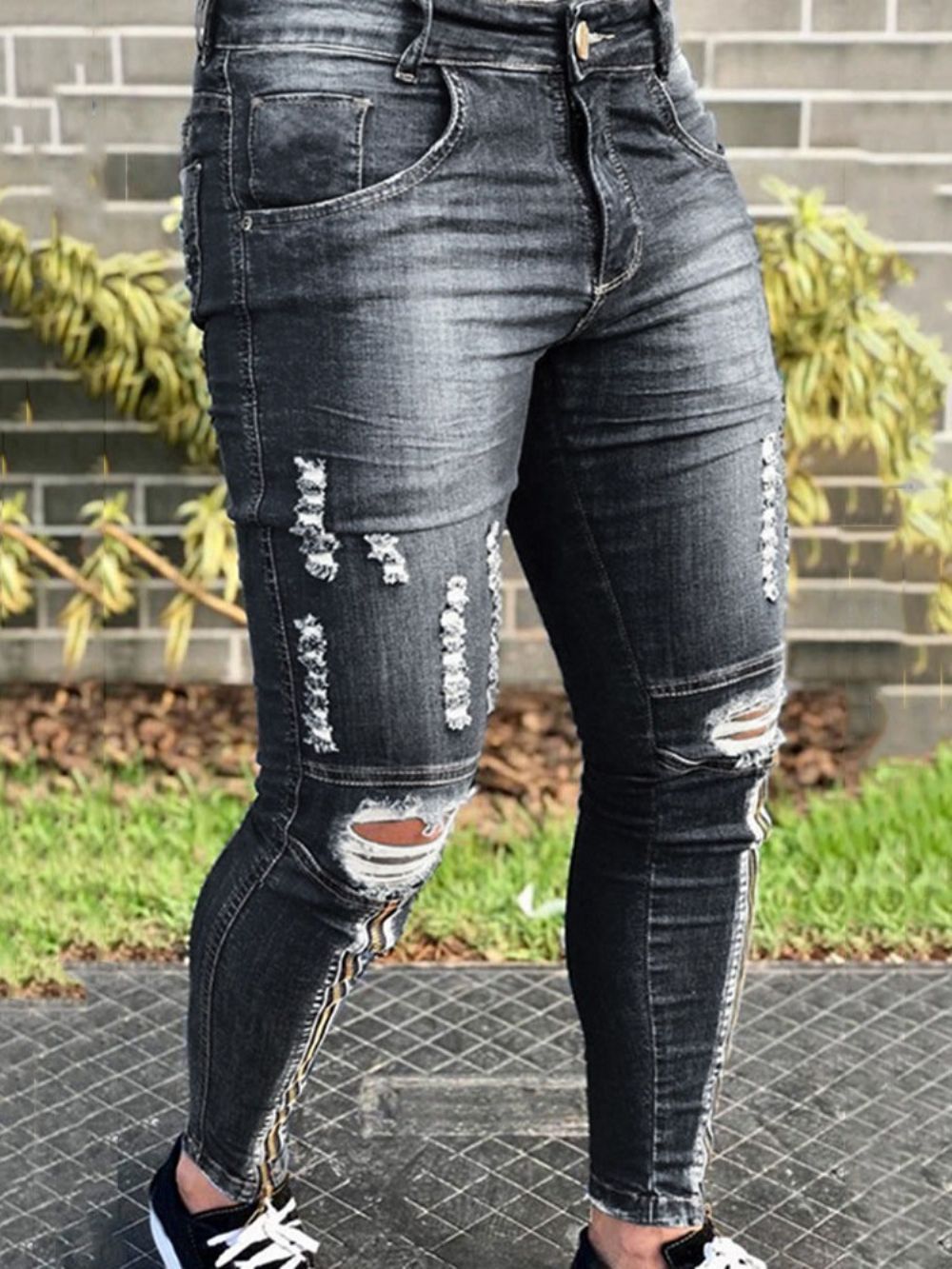 Hole Pencil Pants Effen Jeans Met Halfhoge Taille En Rits