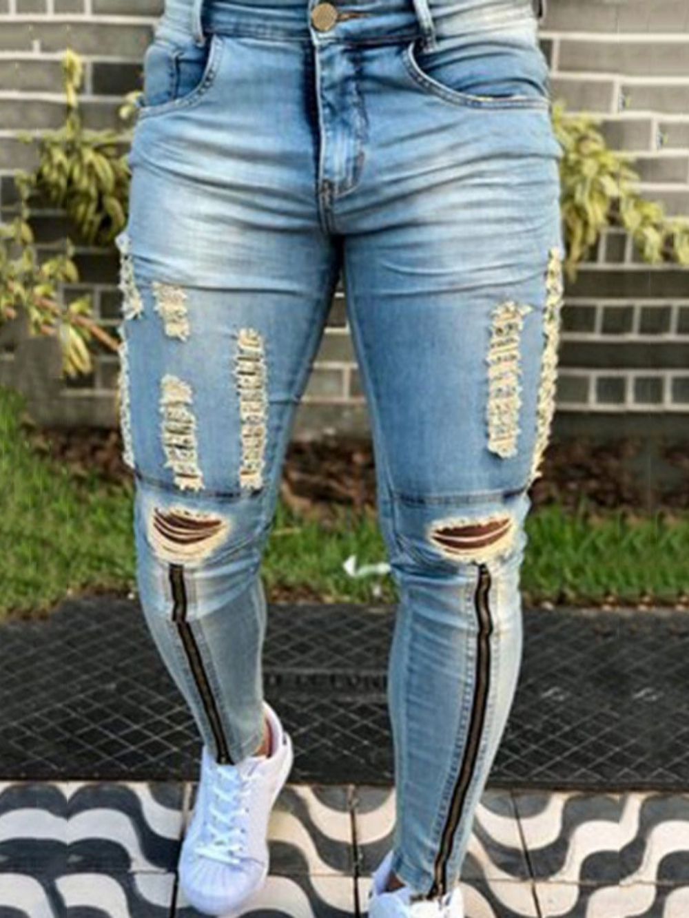 Hole Pencil Pants Effen Jeans Met Halfhoge Taille En Rits