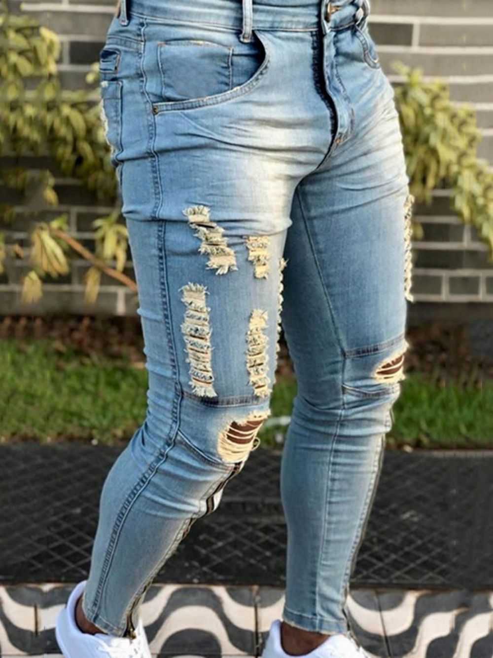 Hole Pencil Pants Effen Jeans Met Halfhoge Taille En Rits