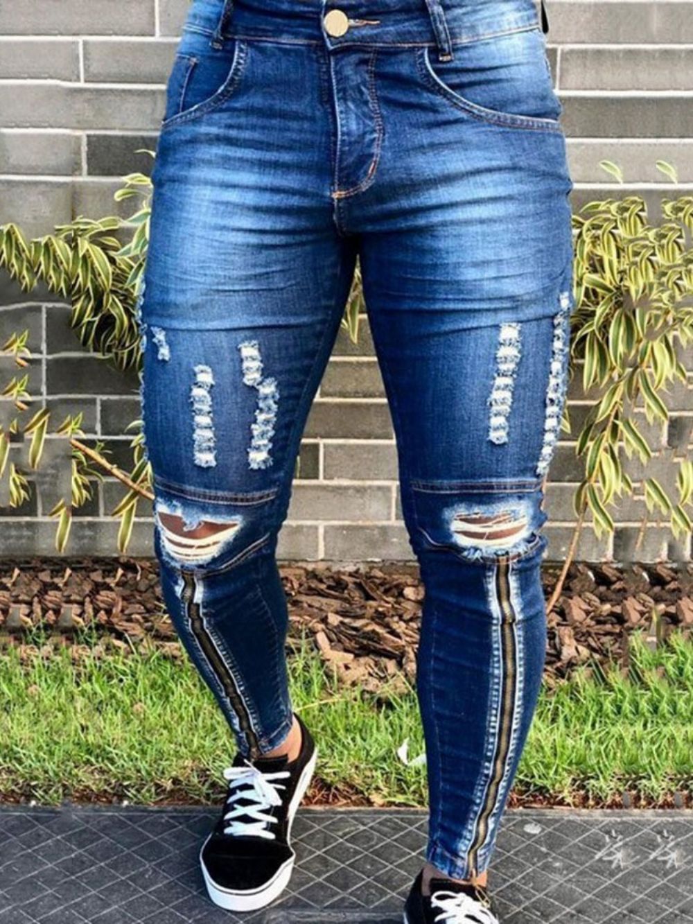 Hole Pencil Pants Effen Jeans Met Halfhoge Taille En Rits