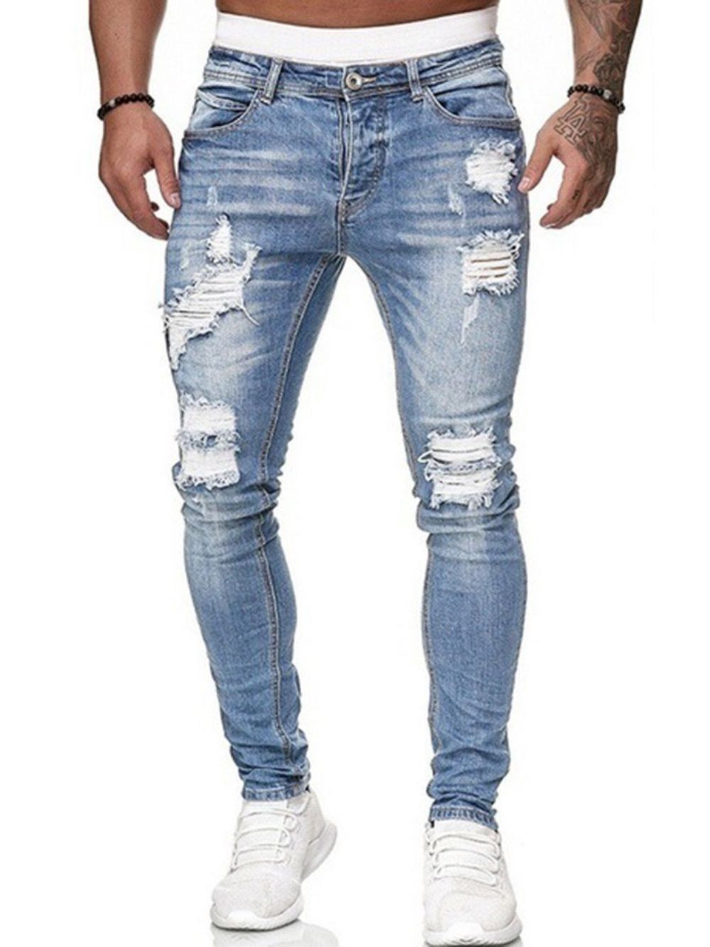 Jeans Met Halfhoge Taille En Effen Gaten En Rits