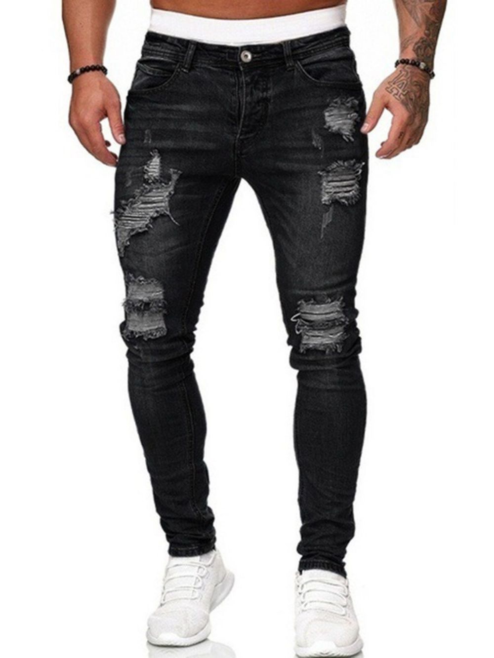 Jeans Met Halfhoge Taille En Effen Gaten En Rits