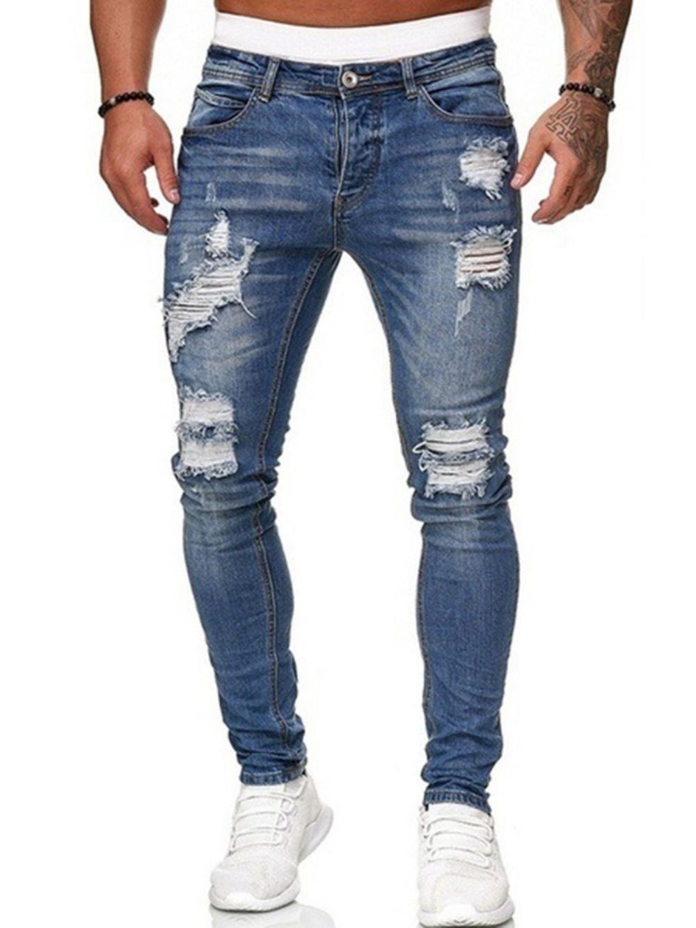 Jeans Met Halfhoge Taille En Effen Gaten En Rits