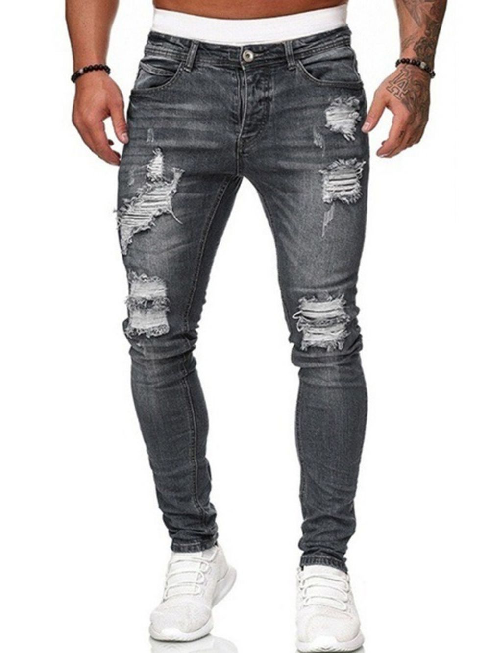 Jeans Met Halfhoge Taille En Effen Gaten En Rits