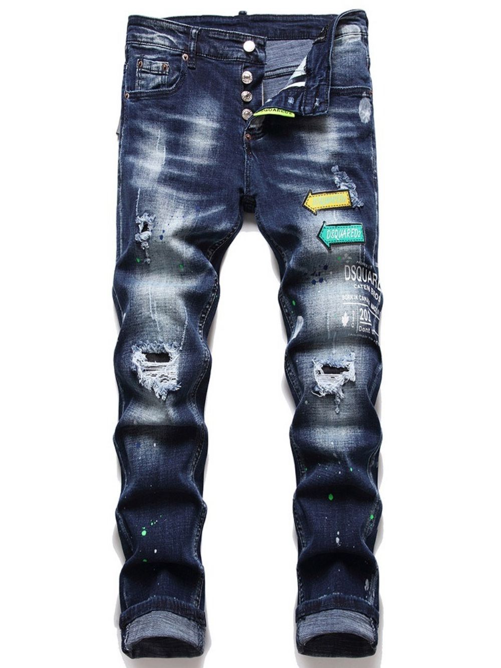 Jeans Met Kleurblokgat En Knoop Midden Taille