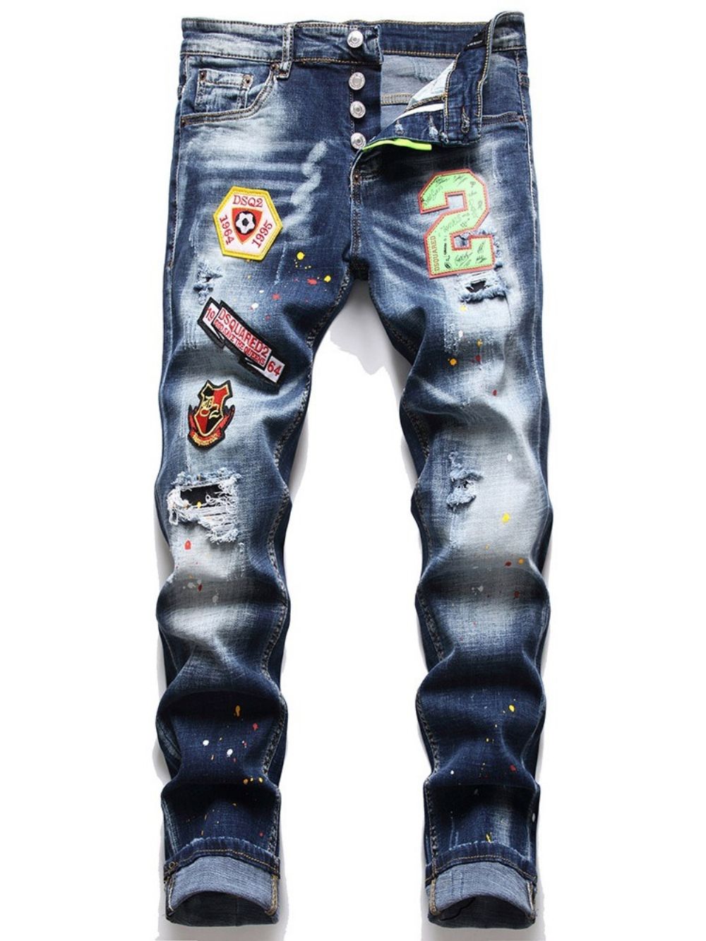 Jeans Met Kleurblokgat En Knoop Midden Taille