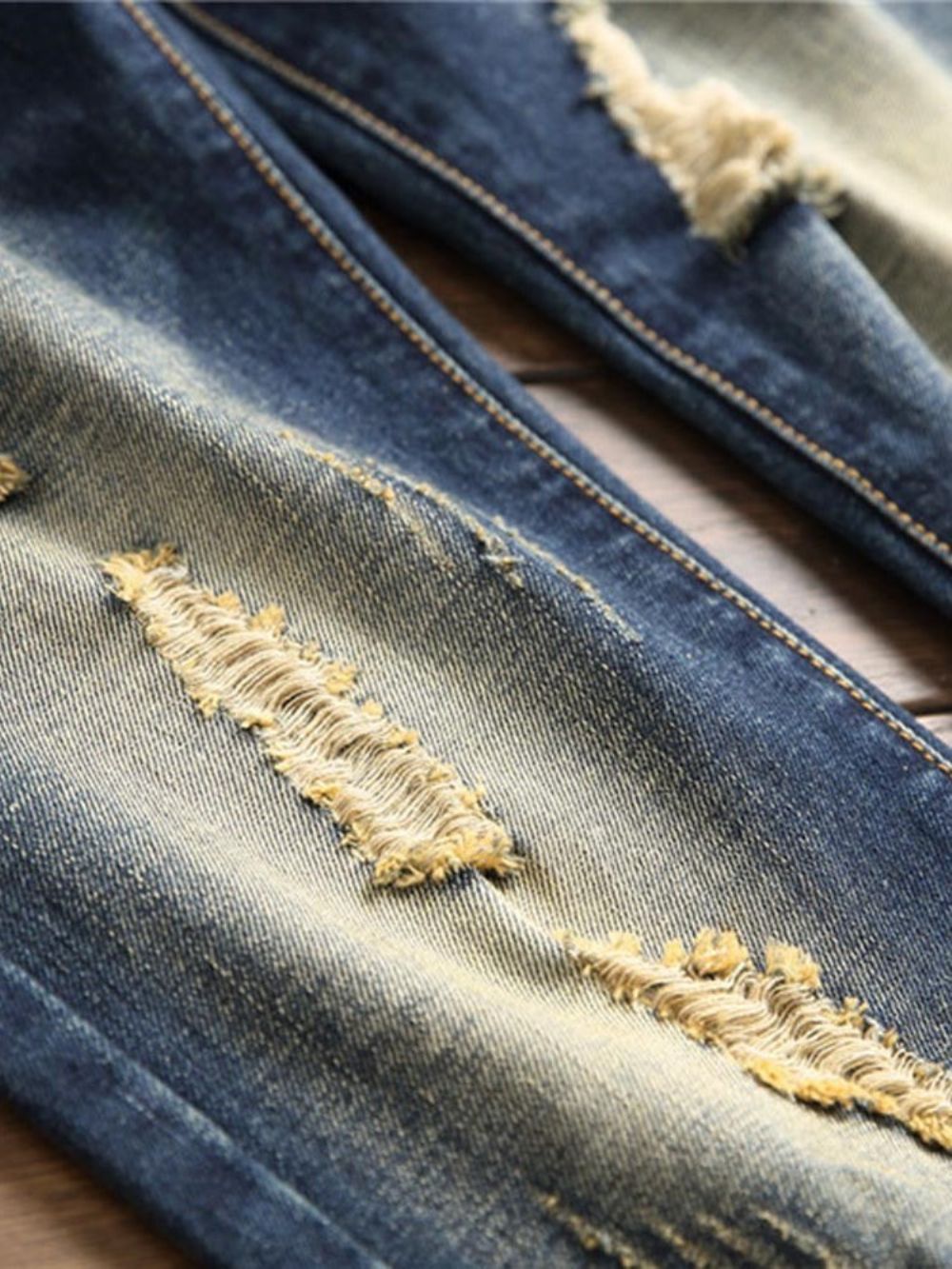 Kleurblok Donkerblauwe Gescheurde Jeans Heren