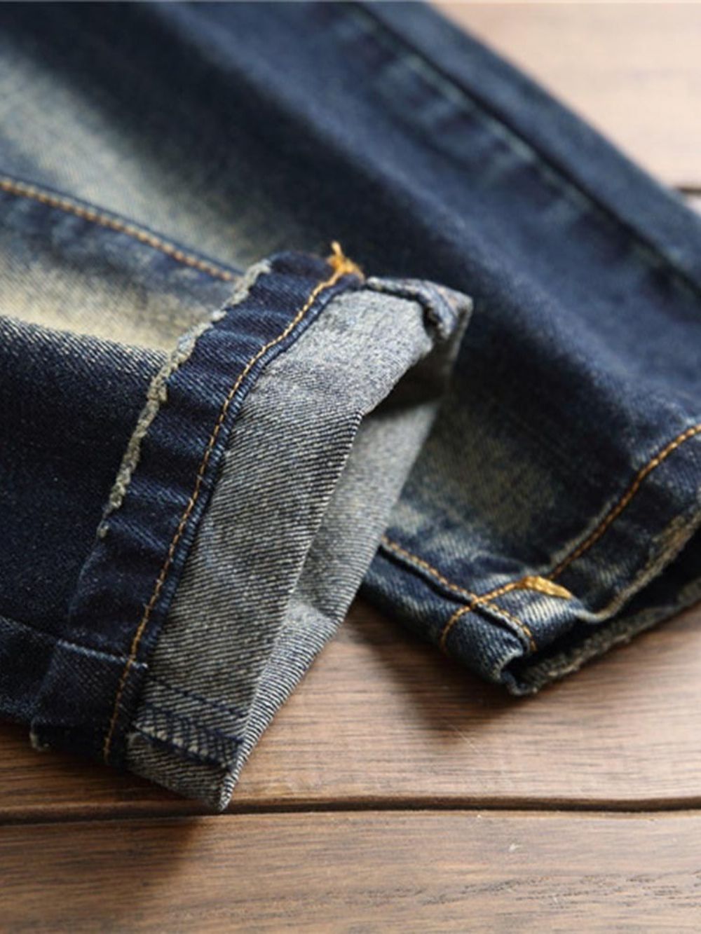 Kleurblok Donkerblauwe Gescheurde Jeans Heren