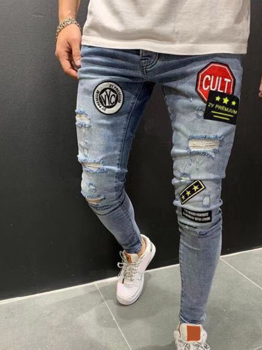 Kleurblokgat Potloodbroek Mode Herenjeans Met Rits