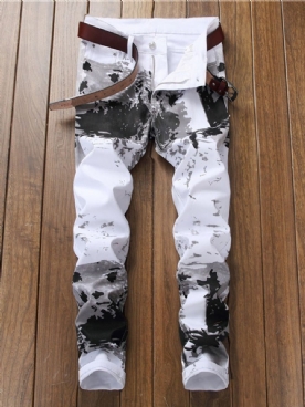 Koreaanse Jeans Met Dunne Rechte Rits En Print