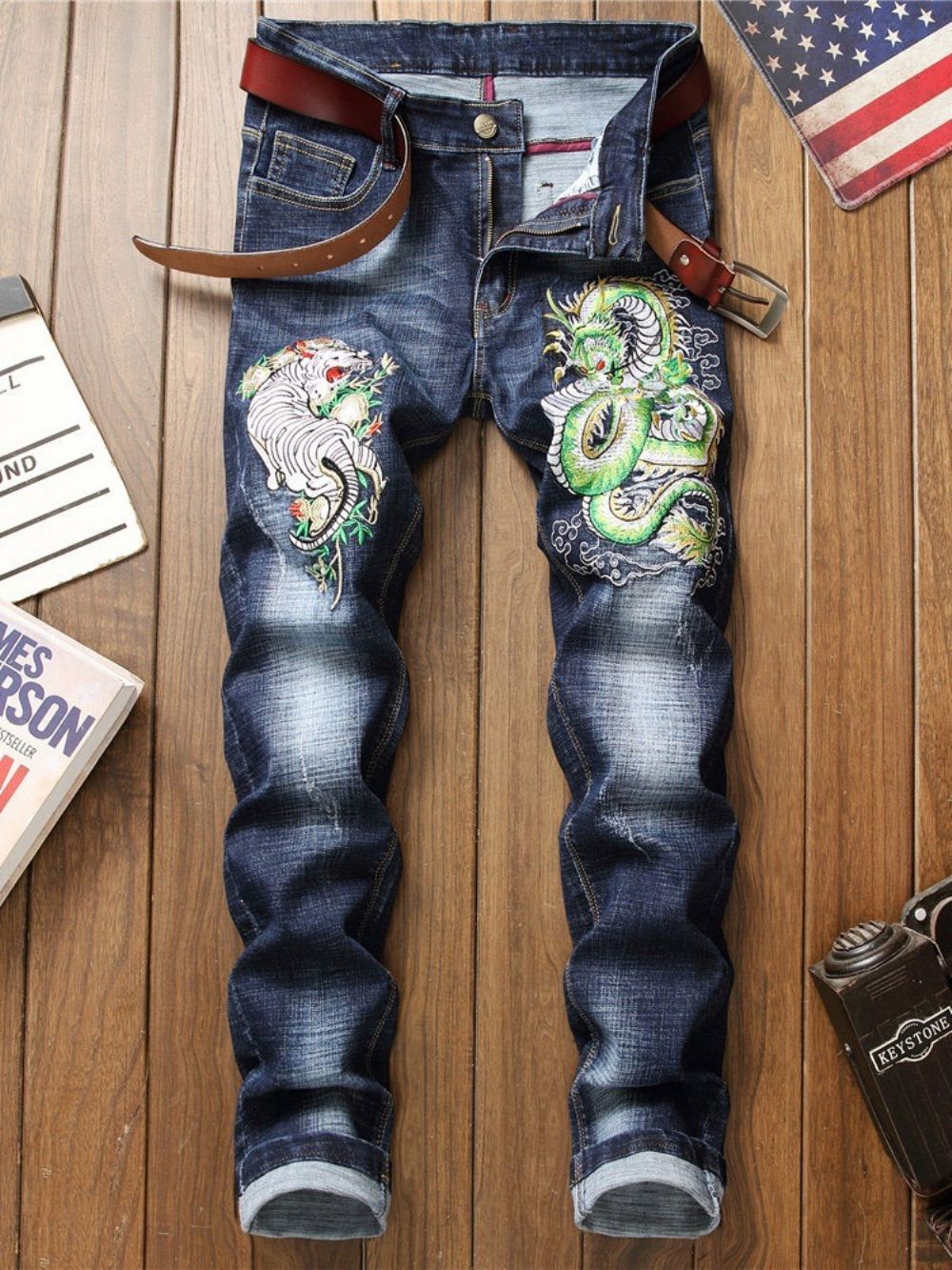 Mode-Jeans Met Geborduurd Kleurblok Met Ritssluiting