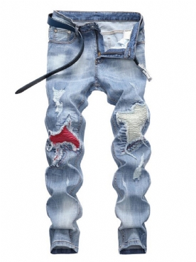 Patchwork Lichtblauwe Geplooide Casual Jeans Heren