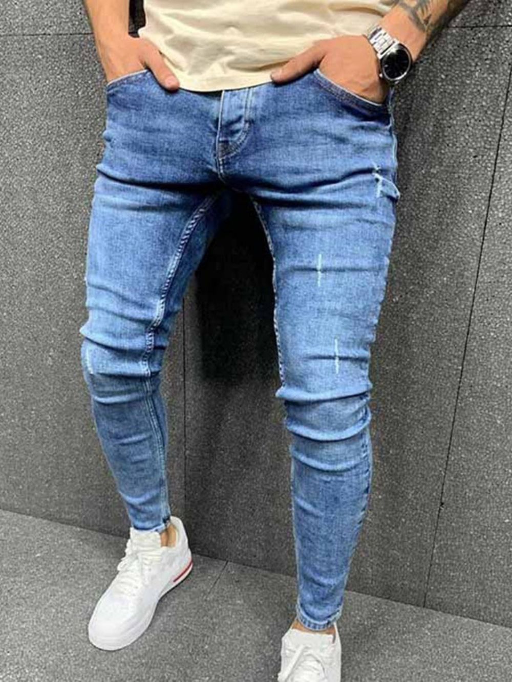 Potloodbroek Gedragen Effen Jeans Met Halfhoge Taille En Rits