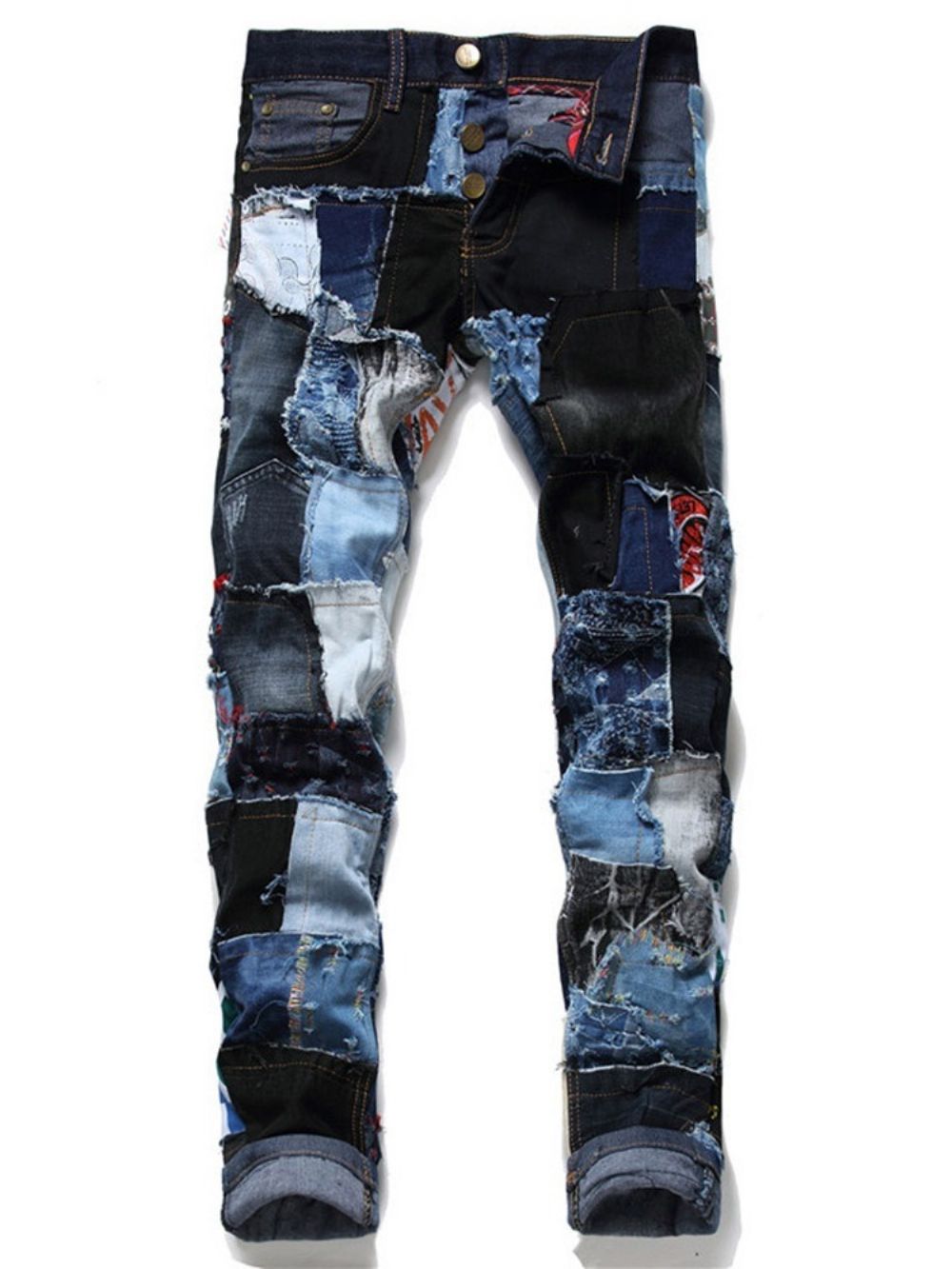 Rechte Patchwork Jeans Met Halfhoge Taille En Knopen Met Kleurvlakken