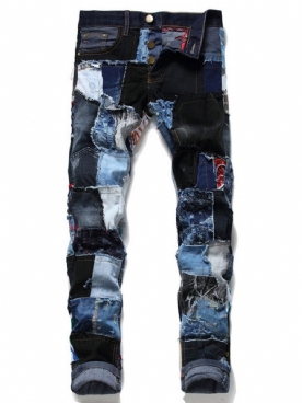 Rechte Patchwork Jeans Met Halfhoge Taille En Knopen Met Kleurvlakken