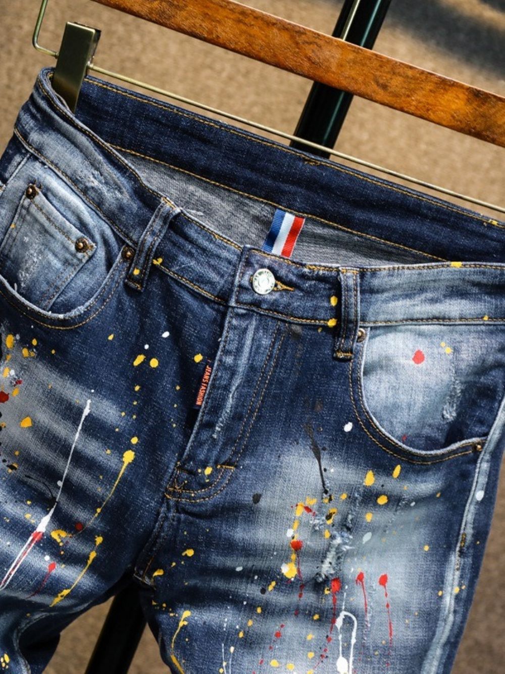 Verfspatten Potloodbroek Jeans Met Halfhoge Taille En Rits