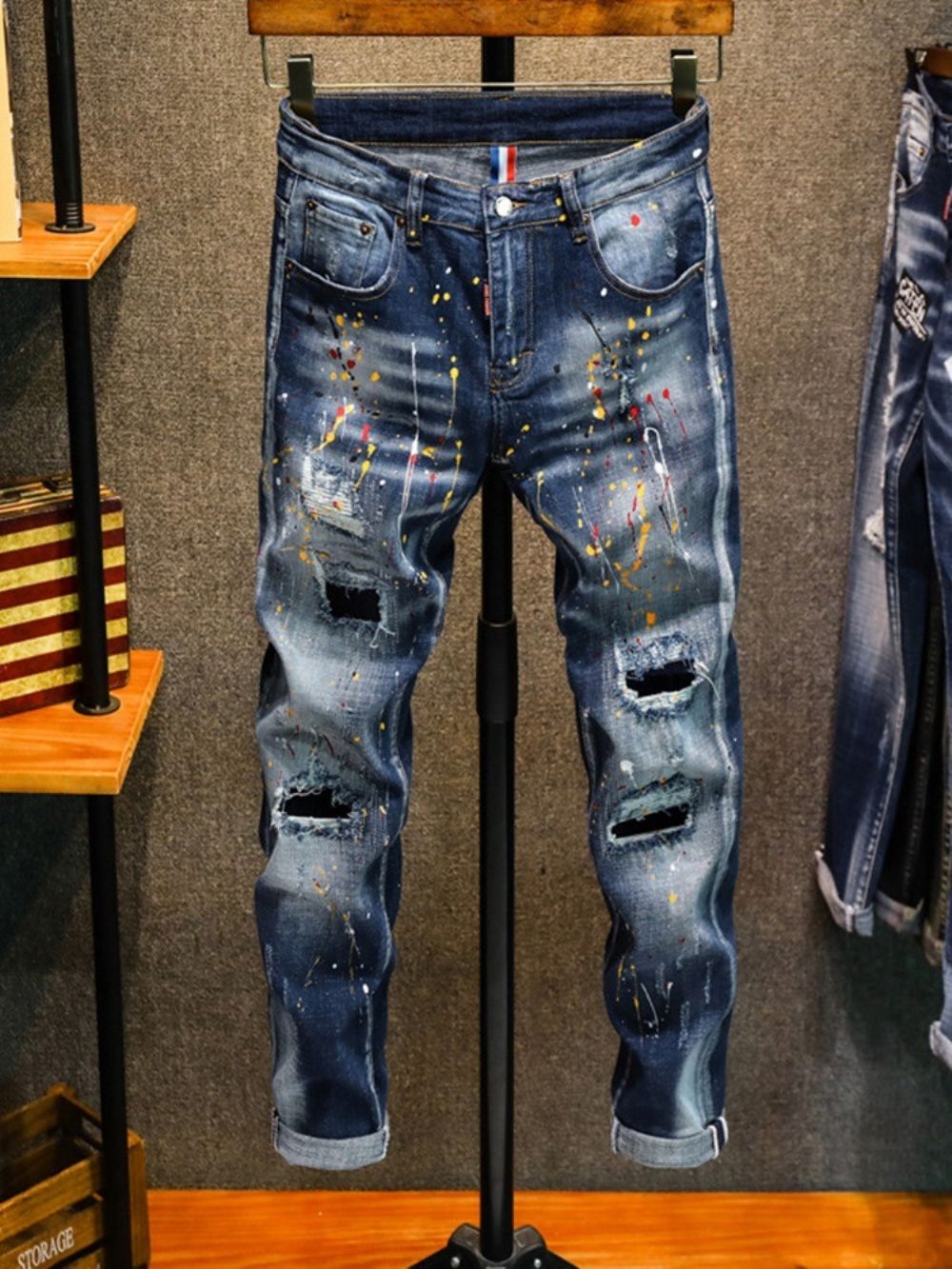 Verfspatten Potloodbroek Jeans Met Halfhoge Taille En Rits