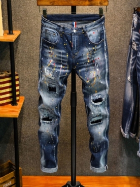 Verfspatten Potloodbroek Jeans Met Halfhoge Taille En Rits